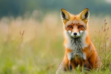 Fototapeta premium Red Fox hunting, Vulpes vulpes, wildlife scene from Europe. Orange fur coat animal in the nature habitat. Fox on the green forest meadow, ai
