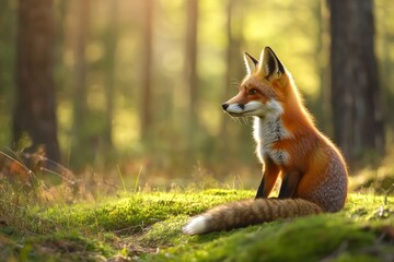 Red Fox hunting, Vulpes vulpes, wildlife scene from Europe. Orange fur coat animal in the nature habitat. Fox on the green forest meadow, ai
