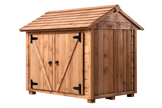 Charming Wooden Garden Shed Set Against Lush Greenery on a Sunny Day on Transparent PNG Background.