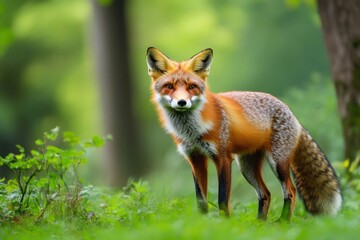 Obraz premium Red Fox hunting, Vulpes vulpes, wildlife scene from Europe. Orange fur coat animal in the nature habitat. Fox on the green forest meadow, ai