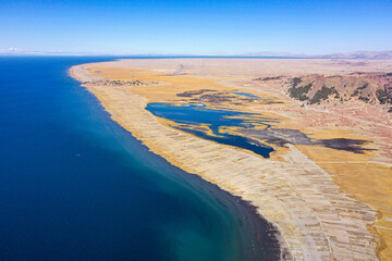 Panoramic view of beaches and lake bay at sunset