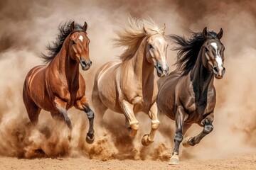 Horses with long mane portrait run gallop in desert dust, ai