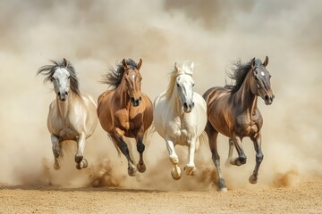 Horses with long mane portrait run gallop in desert dust, ai