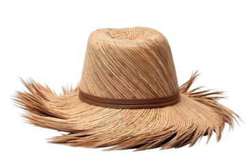A Handcrafted Straw Hat With Unique Fringe Located in a Sunlit Artisan Workshop on Transparent PNG Background.