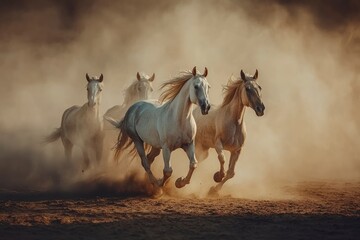 Obraz premium Horses with long mane portrait run gallop in desert dust, ai