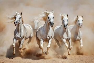 Obraz premium Horses with long mane portrait run gallop in desert dust, ai