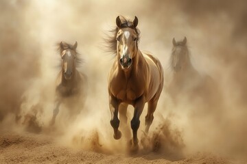 Obraz premium Horses with long mane portrait run gallop in desert dust, ai