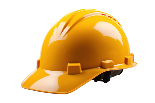 Bright Yellow Hard Hat Resting on a Clean Surface in a Modern Workshop Setting on Transparent PNG Background.