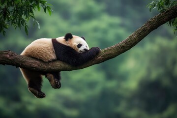 Obraz premium Lazy Panda Bear Sleeping on a Tree Branch, China Wildlife. Bifengxia nature reserve, Sichuan Province , ai