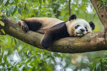 Obraz premium Lazy Panda Bear Sleeping on a Tree Branch, China Wildlife. Bifengxia nature reserve, Sichuan Province, ai