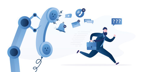 Frustrated male user runs away from large vintage telephone. Robot arm holds telephone and makes automated spam calls and sends out advertising messages.