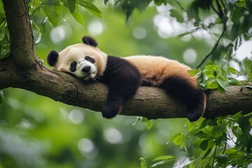 Obraz premium Lazy Panda Bear Sleeping on a Tree Branch, China Wildlife. Bifengxia nature reserve, Sichuan Province, ai