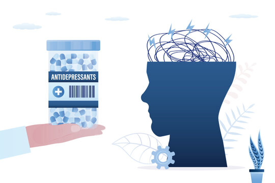 Care, help and support for mental disorders and trauma. Human head depression swamp. Doctors hand give medicines. Psychologist give antidepressants. Bad mood, frustration.