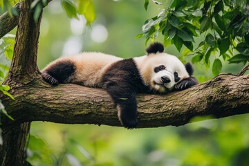 Fototapeta premium Lazy Panda Bear Sleeping on a Tree Branch, China Wildlife. Bifengxia nature reserve, Sichuan Province, ai