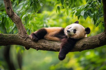 Fototapeta premium Lazy Panda Bear Sleeping on a Tree Branch, China Wildlife. Bifengxia nature reserve, Sichuan Province, ai