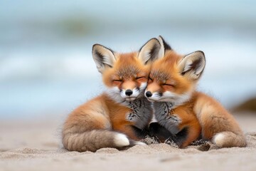 Fototapeta premium Wild baby red foxes cuddling at the beach, June 2020, Nova Scotia, Canada, ai