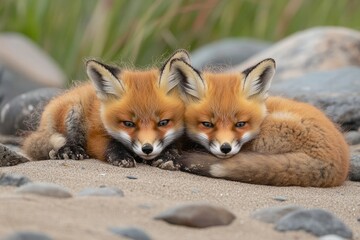 Fototapeta premium Wild baby red foxes cuddling at the beach, June 2020, Nova Scotia, Canada, ai