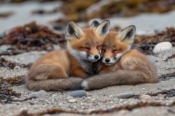 Fototapeta premium Wild baby red foxes cuddling at the beach, June 2020, Nova Scotia, Canada, ai