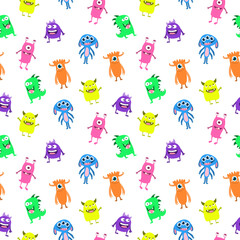 Playful and vibrant seamless pattern of colorful cartoon monsters, perfect for children’s textiles, wallpapers, and fun illustrations. Ideal for kids’ fashion and whimsical decor