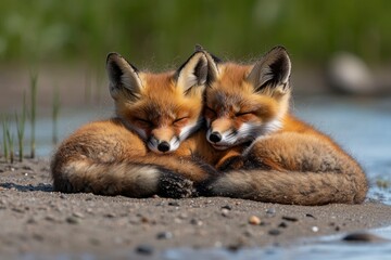 Naklejka premium Wild baby red foxes cuddling at the beach, June 2020, Nova Scotia, Canada, ai