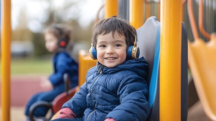 A cheerful boy wearing headphones enjoys playtime at the playground