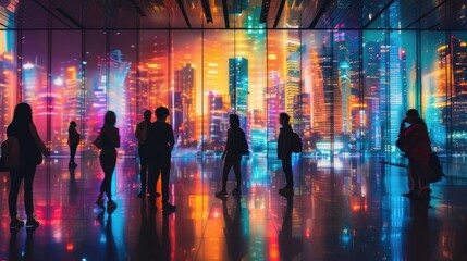 Obraz premium Silhouettes of People Admiring a Cityscape with Vivid Lights