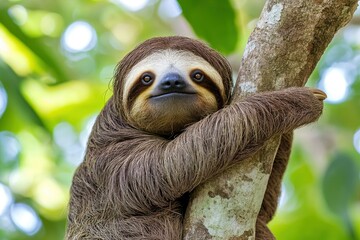 Fototapeta premium Funny sloth hanging on tree branch, cute face look, perfect portrait of wild animal in the Rainforest of Costa Rica scratching the belly, Bradypus variegatus, brown-throated three-toed sloth, ai