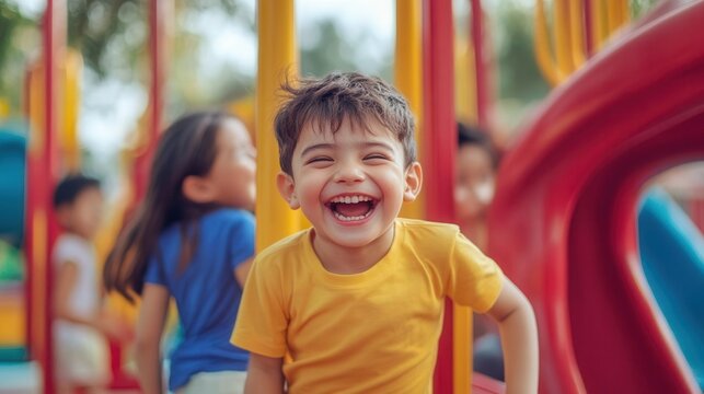 A joyful child laughing on a playground, surrounded by colorful equipment and other kids