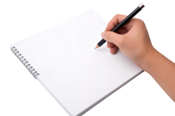 Creative Hand Engaged in Artistry on Blank Spiral Notebook With Pencil at a Bright Workspace on Transparent PNG Background.