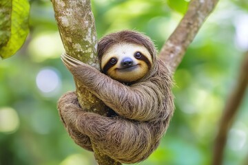 Fototapeta premium Funny sloth hanging on tree branch, cute face look, perfect portrait of wild animal in the Rainforest of Costa Rica scratching the belly, Bradypus variegatus, brown-throated three-toed sloth, ai