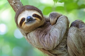 Funny sloth hanging on tree branch, cute face look, perfect portrait of wild animal in the Rainforest of Costa Rica scratching the belly, Bradypus variegatus, brown-throated three-toed sloth, ai