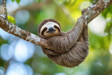 Fototapeta premium Funny sloth hanging on tree branch, cute face look, perfect portrait of wild animal in the Rainforest of Costa Rica scratching the belly, Bradypus variegatus, brown-throated three-toed sloth, ai