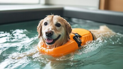 Dog in a hydrotherapy pool with a life jacket, pet, safe water therapy