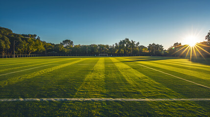 A soccer field with a white line down the middle