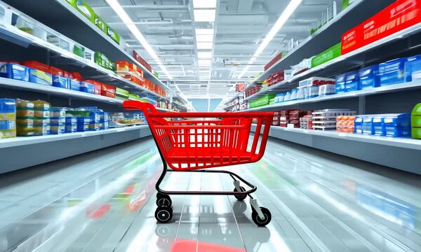 Supermarket aisle with empty red shopping cart. 3d illustration