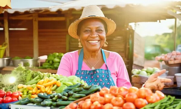  Portrait of a Multiethnic Middle Aged Female Managing a Street Vendor Food Stand with Fresh Organic Agricultural Products. Happy Stylish African Farmer is Looking at Camera and Charmingly Smiling