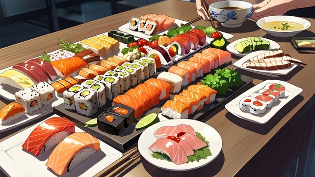 Sushi rolls nigiri an shashimi Japanese food 