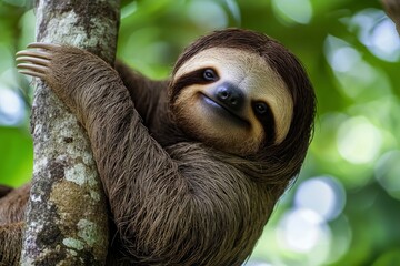 Fototapeta premium Funny sloth hanging on tree branch, cute face look, perfect portrait of wild animal in the Rainforest of Costa Rica scratching the belly, Bradypus variegatus, brown-throated three-toed sloth, ai