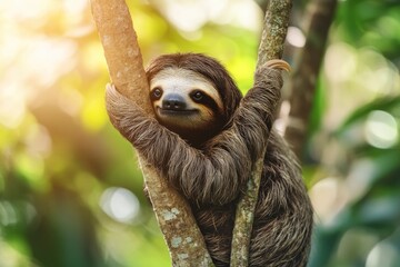 Fototapeta premium Funny sloth hanging on tree branch, cute face look, perfect portrait of wild animal in the Rainforest of Costa Rica scratching the belly, Bradypus variegatus, brown-throated three-toed sloth, ai
