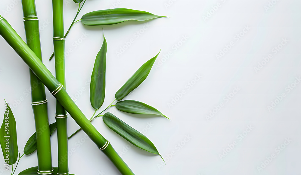 Fototapete Green bamboo with leaves isolated on a white background with clipping path and full depth of field isolated on a white background, design