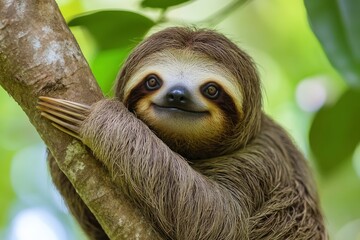 Fototapeta premium Funny sloth hanging on tree branch, cute face look, perfect portrait of wild animal in the Rainforest of Costa Rica scratching the belly, Bradypus variegatus, brown-throated three-toed sloth, ai