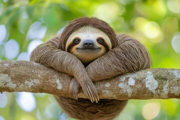 Fototapeta premium Funny sloth hanging on tree branch, cute face look, perfect portrait of wild animal in the Rainforest of Costa Rica scratching the belly, Bradypus variegatus, brown-throated three-toed sloth, ai