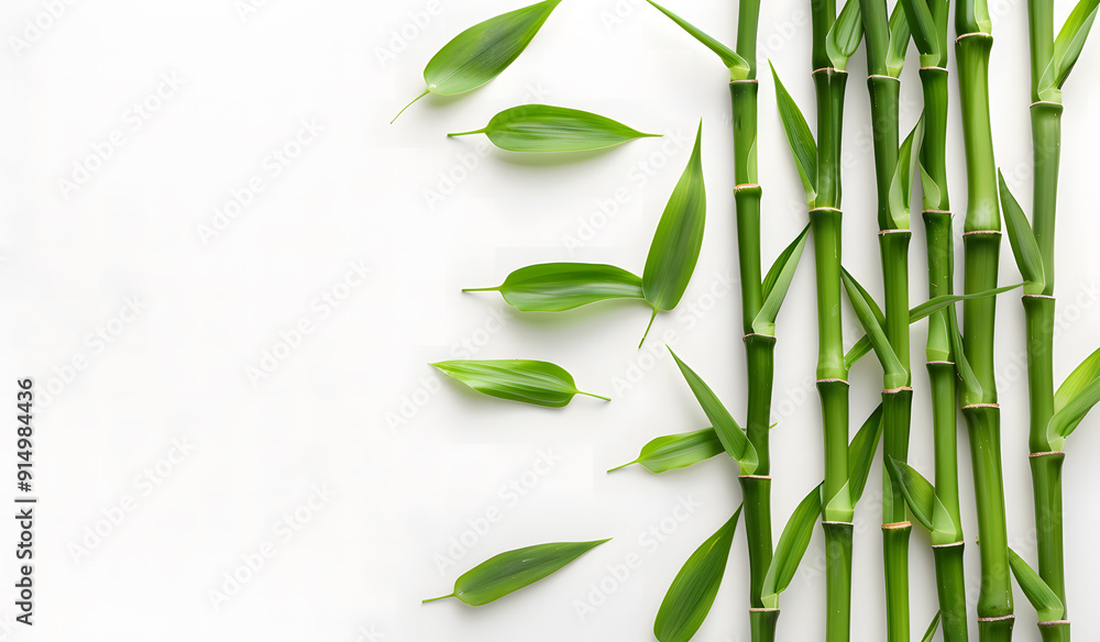Fototapete Green bamboo with leaves isolated on a white background with clipping path and full depth of field isolated on a white background, design