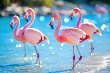 Wild african birds. Group birds of pink african flamingos walking around the blue lagoon on a sunny day , ai