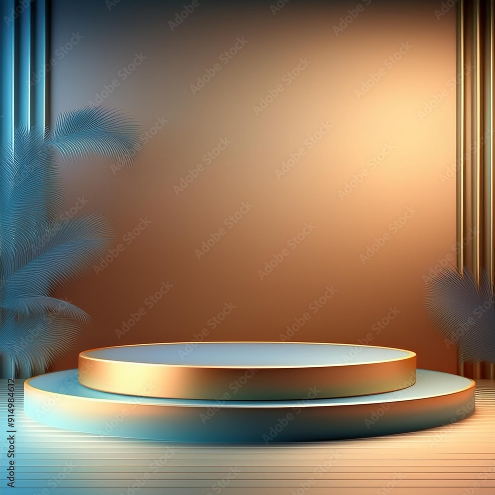 Poster minimalist stage design with circular platforms and tropical leaves in a gradient background showcas