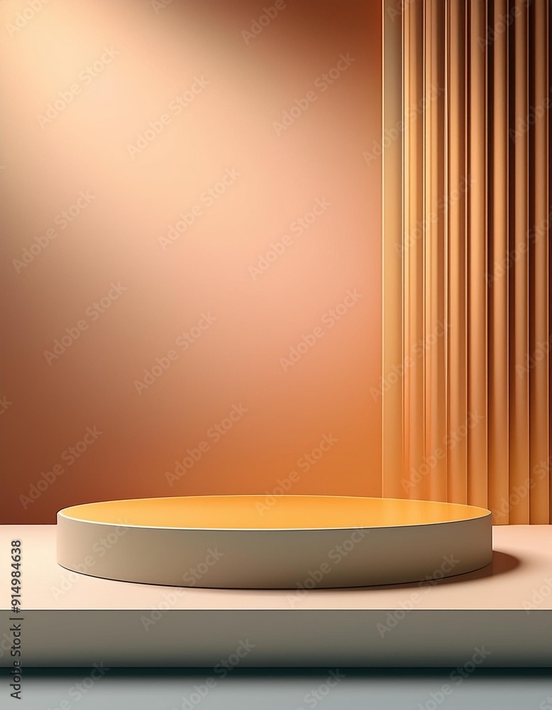 Poster minimalist product display platform with soft orange and beige tones featuring a rounded pedestal ag
