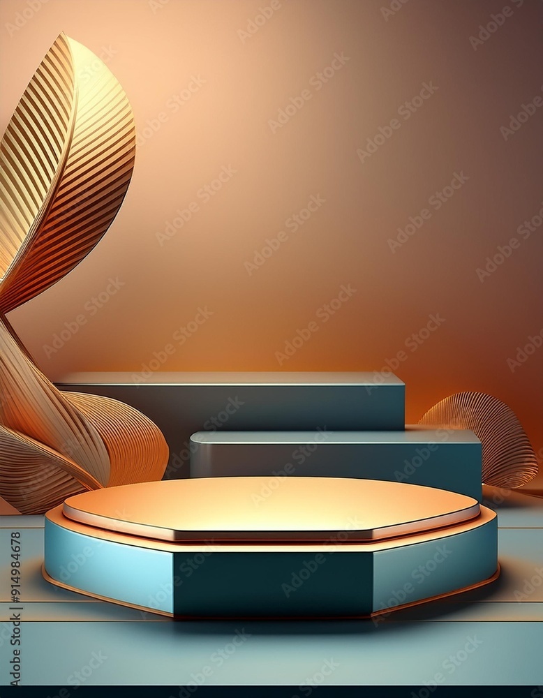Poster abstract geometric composition featuring layered shapes and flowing elements in warm tones and soft 