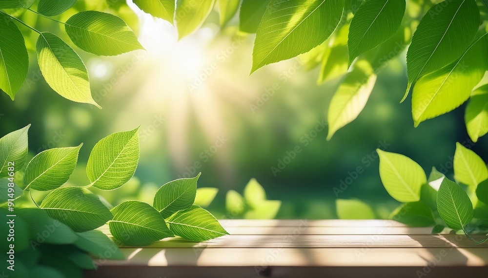 Poster sunlight filtering through vibrant green leaves on a wooden surface, creating a serene and tranquil 