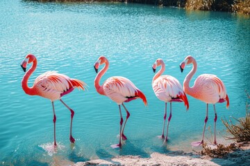 Obraz premium Wild african birds. Group birds of pink african flamingos walking around the blue lagoon on a sunny day , ai
