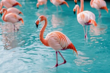 Wild african birds. Group birds of pink african flamingos walking around the blue lagoon on a sunny day , ai